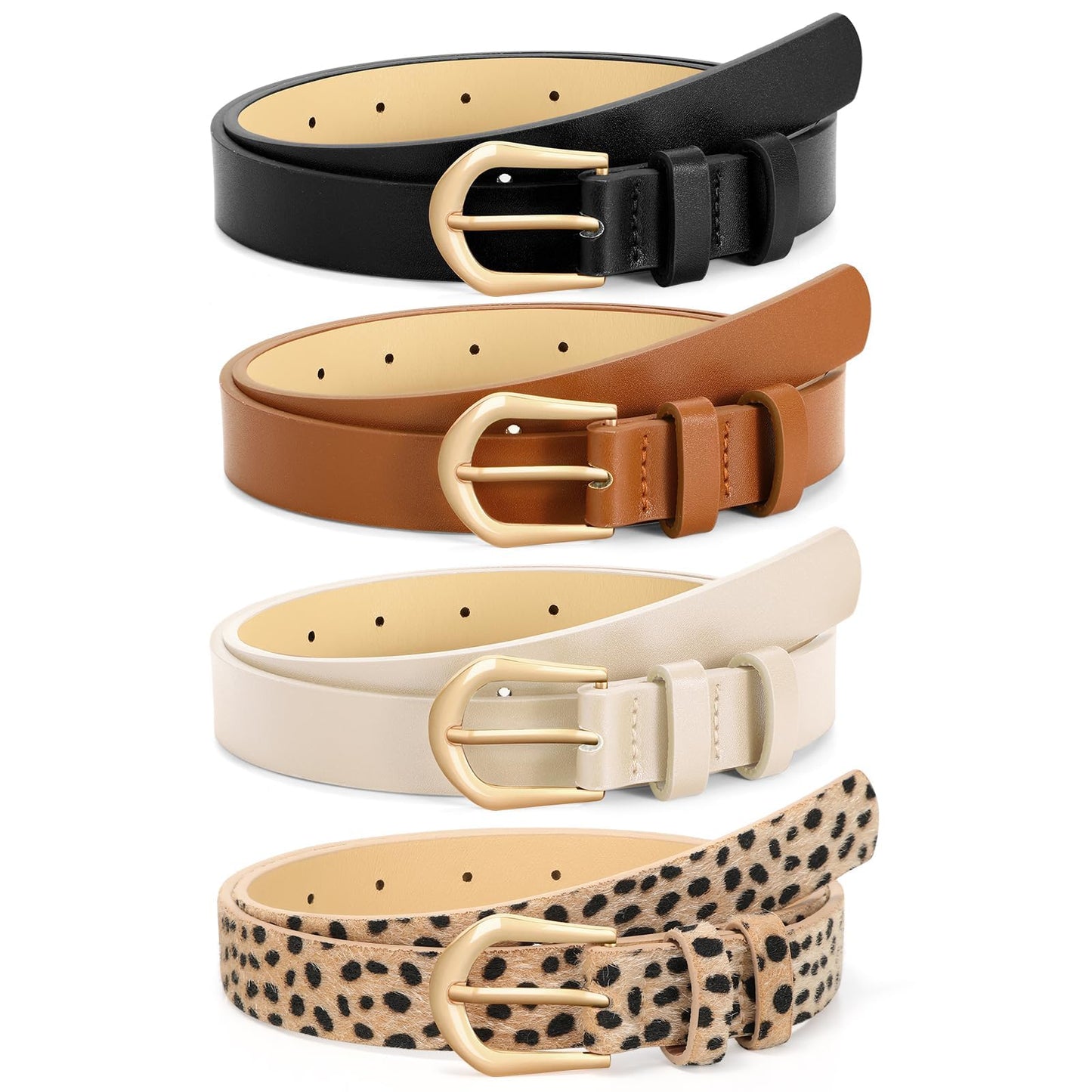 VONMELLI 4 Pack Womens Thin Leather Belt Skinny Waist Belts for Women Fashion Jeans Dress with Gold Buckle, Black Brown Beige leopard, XXS