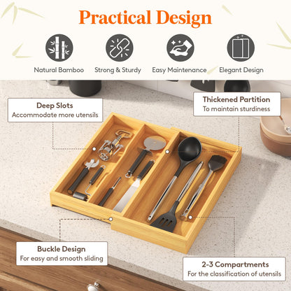 Lifewit Utensil Organizer for Kitchen Drawer, Expandable 13 to 22.4 Inches Wide, Adjustable Cooking Silverware Tray, Bamboo Cutlery Flatware Holder, Spatula Tools and Gadgets Storage Divider, Natural