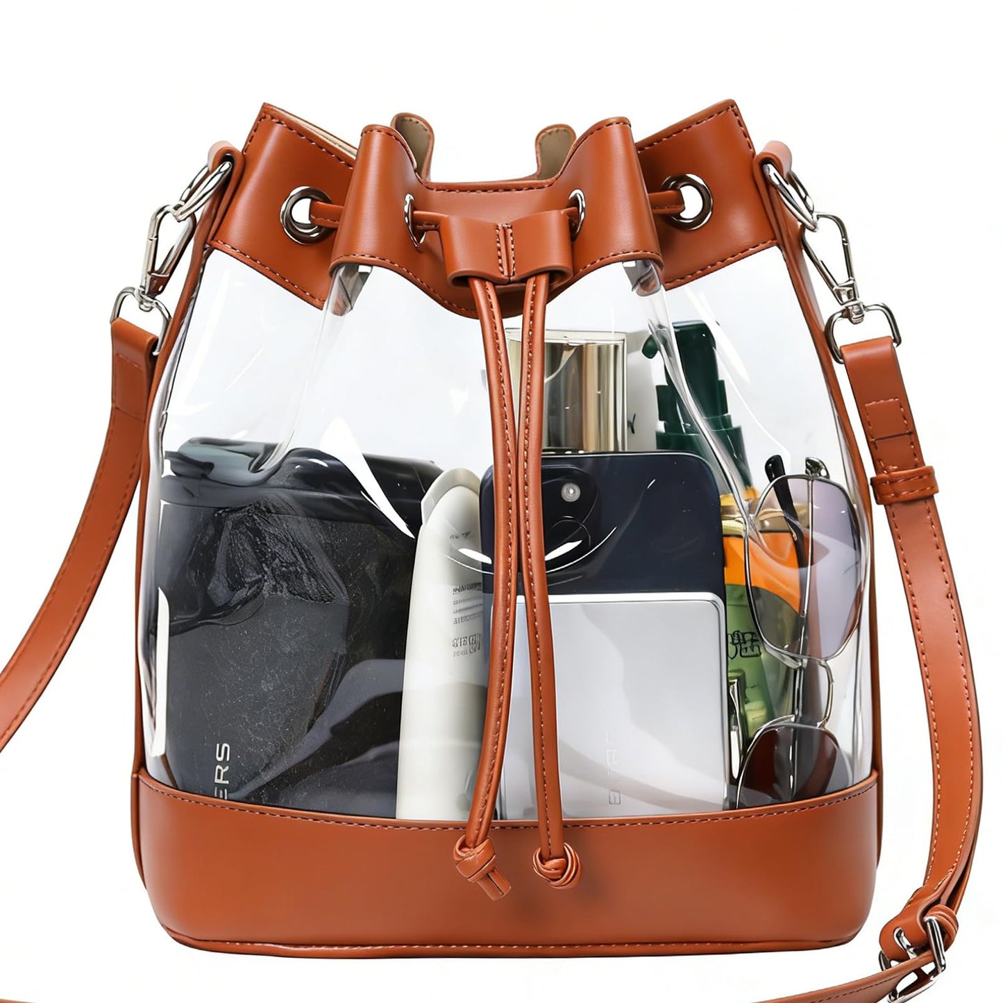 ArtiSoul Clear Bag for Stadium Approved, Clear Crossbody Bucket Bag Transparent PVC Purse for Women, Concert Stadium Events (Brown)