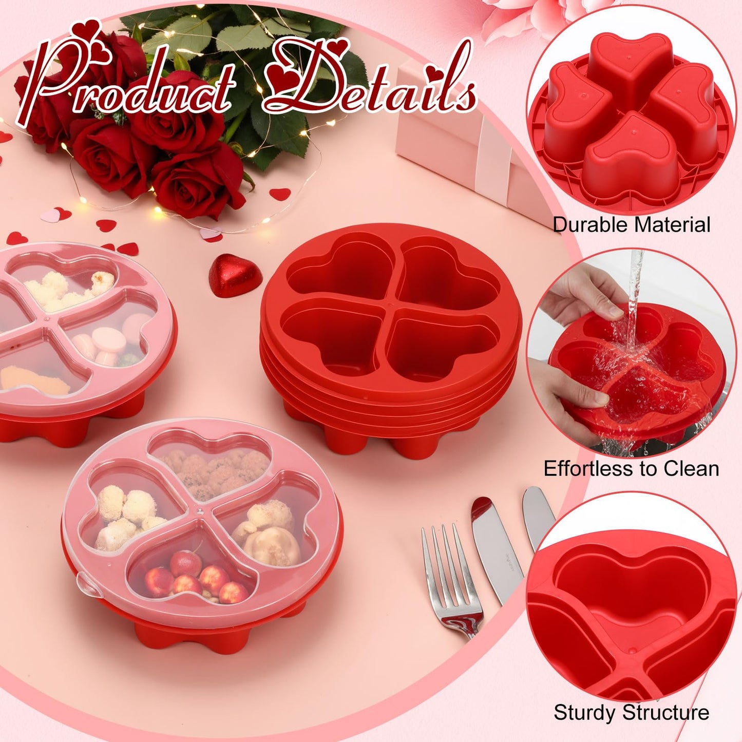 FoldTier 6 Pcs 6.8 Inch Valentine's Day Mini Snack Box Divided Dessert Serving Tray Heart Red 4-compartment Snack Container Box with Lids for Christmas Mother's Day Lunch Meal