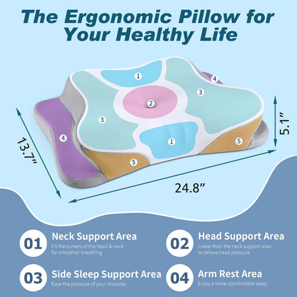 Cervical Neck Pillow for Pain Relief - Cooling Ergonomic Neck Support Pillow for Sleeping, Orthopedic Contour Memory Foam Pillows for Side, Back & Stomach Sleepers with Pillowcase (Grey)