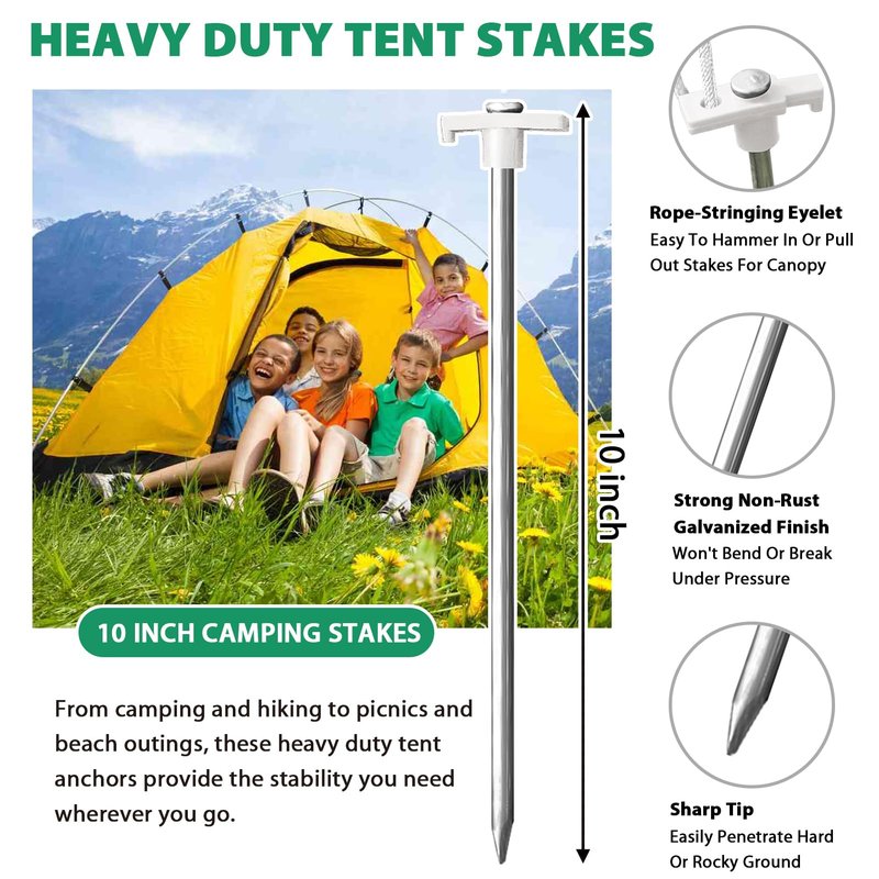 Eurmax USA 10-Pack Secure Protection Galvanized Tent Stakes,Rust-Proof Steel Canopy Anchors for High Winds,Heavy Duty Commercial Ground Pegs for Camping,Pop Up Tents&Gazebos - Includes 4x10ft Ropes
