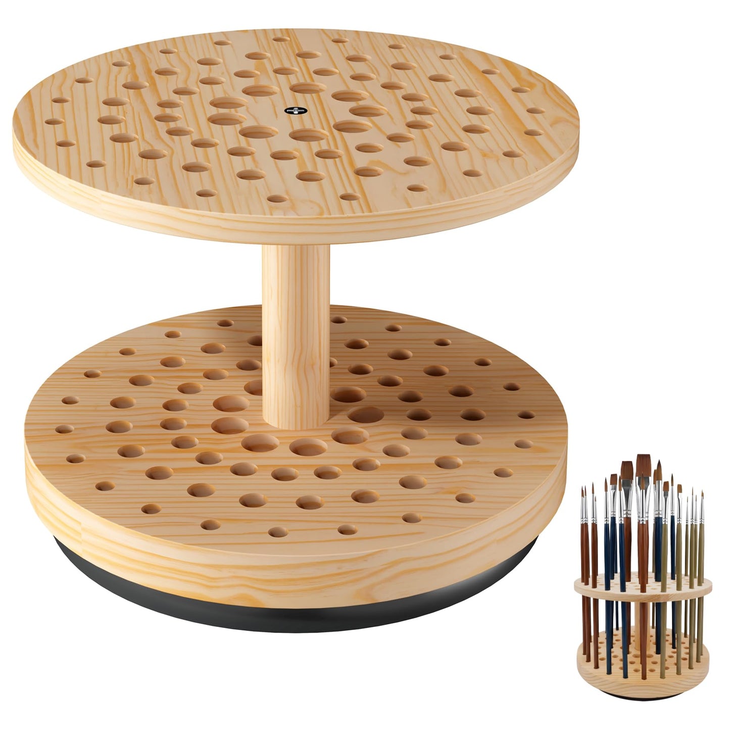 BREENHILL 71-Hole Rotating Paint Brush Holder, Large Capacity Wooden Paint Brush Organizer, 360° Spinning Brush Storage Rack for Watercolor, Acrylic, Calligraphy