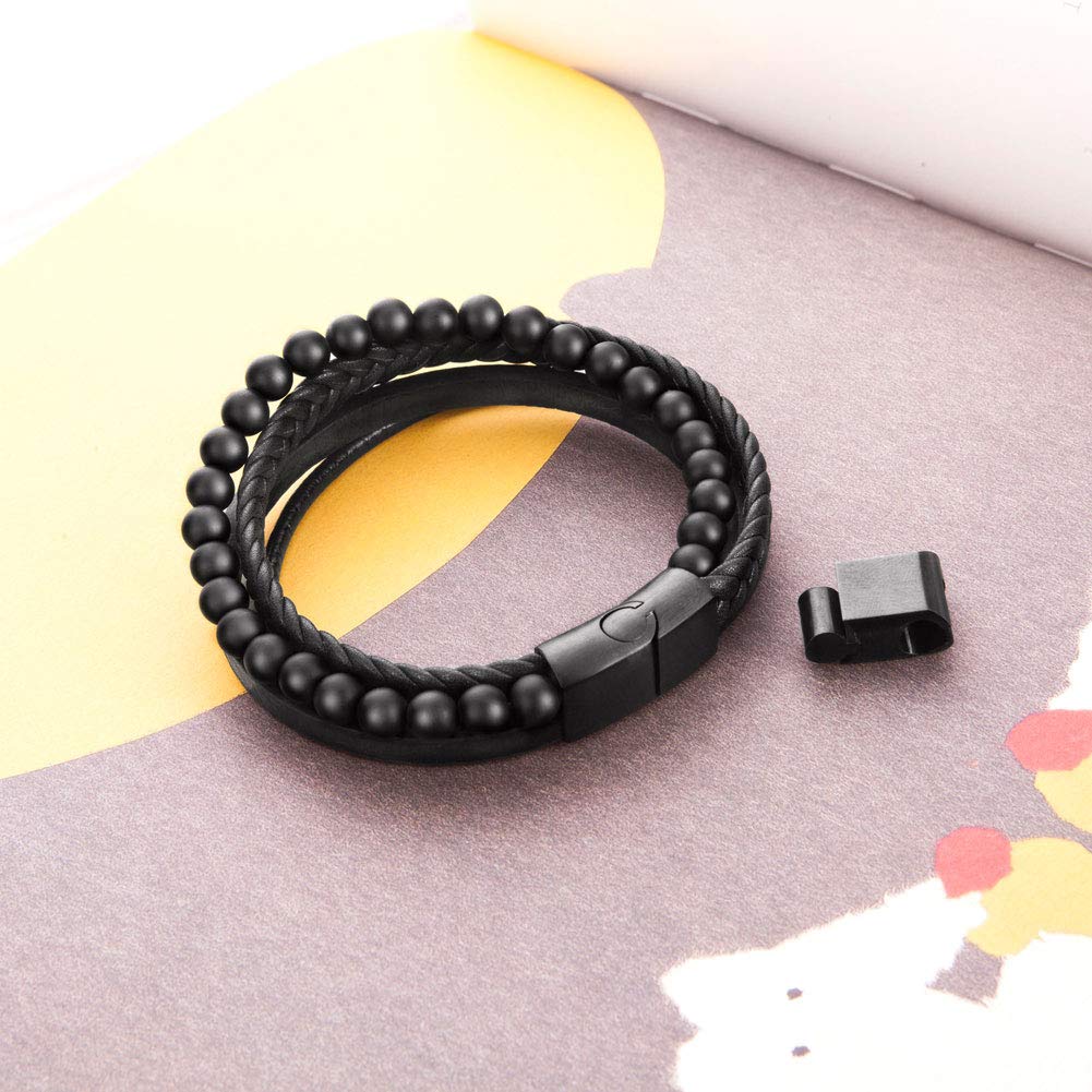 murtoo Mens Bead Leather Bracelet, Natural Bead, Steel and Leather Bracelet for Men Christmas Gift (black onyx bead)