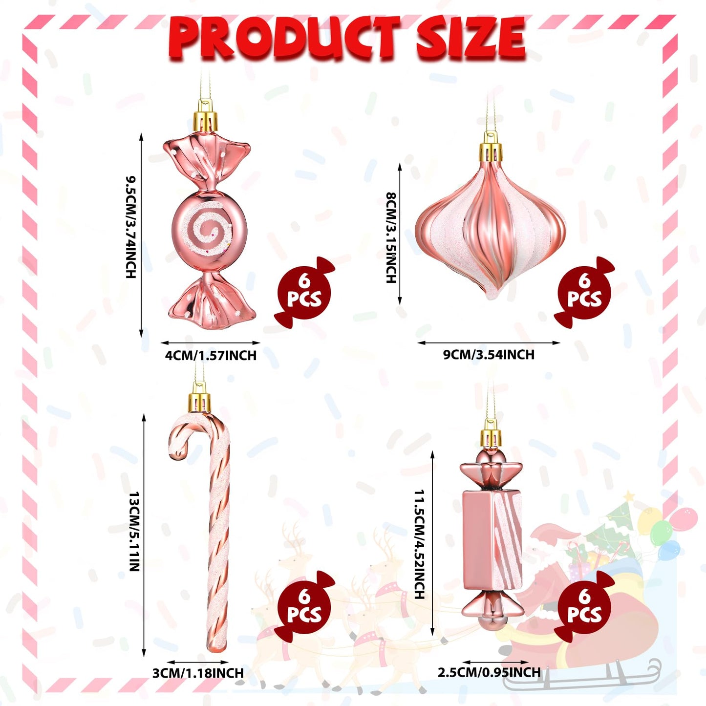 Aoriher 24 Pcs Christmas Candy Cane Ornament Pink Plastic Peppermint Candy Christmas Decorations Rose Gold Xmas Hanging Lollipop Pattern Decorations with Rope for Xmas Holiday Festival Decor