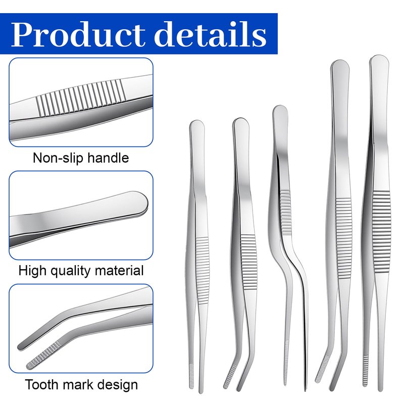 Stainless Steel Tweezers Set, 5Pcs Food Tweezers Precision Tweezer for Cooking Repairing Jewelry-Making DIY Craft Baking Cake Decoration Small Gardening (Silver)