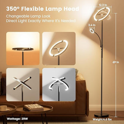 LED Floor Lamp for Living Room - Modern Standing Lamp with Reading Light, Remote Touch Control Floor Light Dimmable Mother-Daughter Tall Bedroom Lamp for Couch Office, 29W, Black
