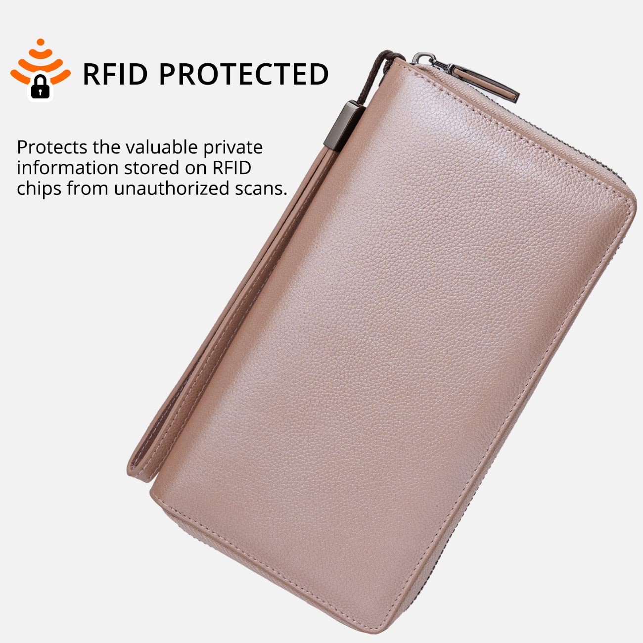 Bveyzi Women RFID Blocking Wallet Leather Zip Around Phone Clutch Large Capacity Ladies Travel Purse Wristlet (Rose Gold)