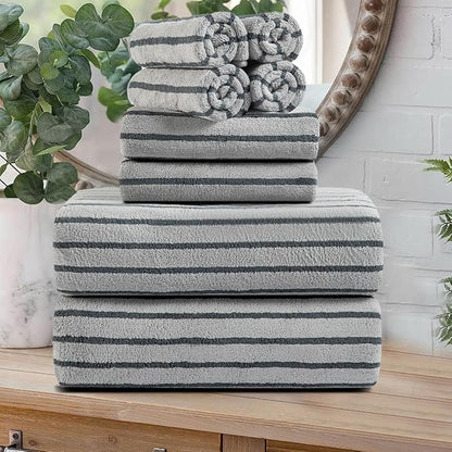 Oliven 8 Pcs Gray Cabana Stripe Bath Towel Set Oversize Bath Sheet-2 Bathroom