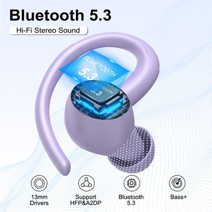 Wireless Earbuds Bluetooth 5.3 Headphones Sports, 48H Over Ear Buds with ENC Mic, Stereo Deep Bass Bluetooth Earbuds with Secure Earhooks, LED Display, IPX7 Waterproof Earphone for Running/Gym Purple