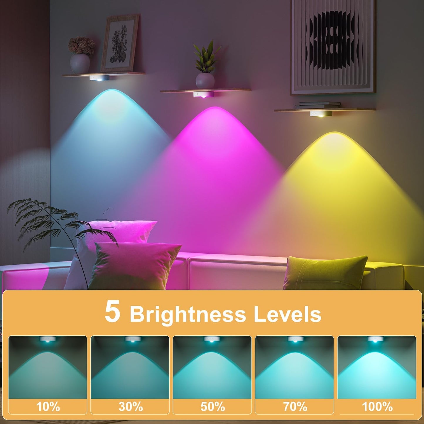 Under Cabinet Lighting, 1500mAh Rechargeable Puck Lights with Remote,13 RGB Colors, Magnetic Stick on Light, Dimmable Wireless Tap Light for Kitchen, Shelf, Pantry(White 6 Pack)