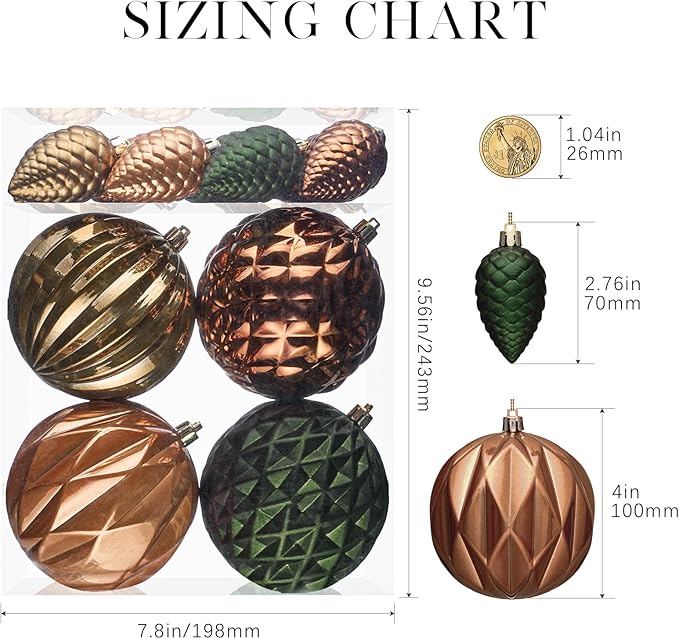 JORNOY Christmas Tree Ornaments, 4inch/100mm Shatterproof Ornaments for Christmas Tree Set - Large Plastic Decorative Hanging Balls Ornaments for Xmas Tree Decorations Party, 12ct (Earth Tone)