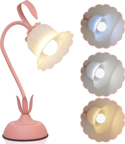 Vintage Flower Table Lamp, 3 Color Temperature Flexible Gooseneck Cute Small Desk Lamp for Bedroom, Kawaii Nightstand Bedside Lamps for Living Room, Dorm, Office, Home Decor (Pink)