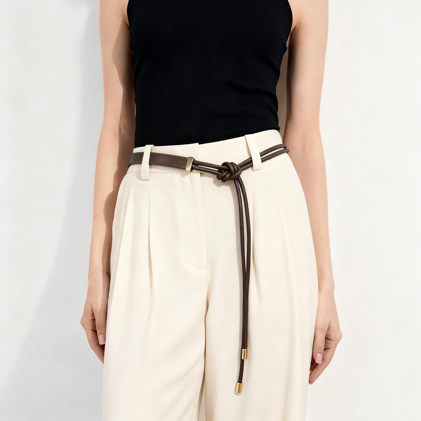 JUXCOKO Women's Knotted Thin Waist Belt PU Leather Skinny Belts for Dresses Pants(Coffee)