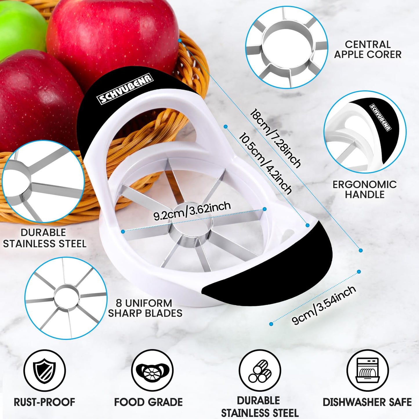 SCHVUBENR 3.5 Inch Apple Slicer - Professional Apple Cutter - Stainless Steel Apple Corer - Super Sharp Apple Slicer and Corer - Apple Tool with 8 Sharp Blades(Black)