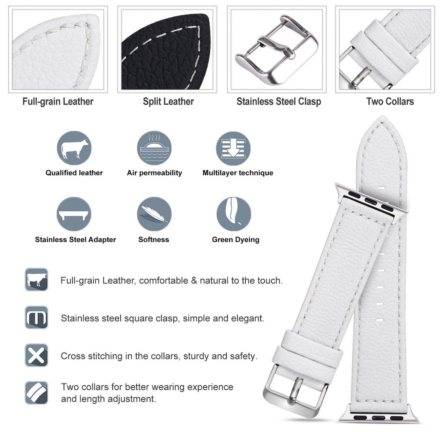 Fullmosa Compatible with Apple Watch Band Leather 49mm 46mm 45mm 44mm 42mm 41mm 40mm 38mm for iWatch Series 11/10/9/8/7/6/5/4/3/2/1, Ultra3/2/1, SE3/2/1, White + silver buckle