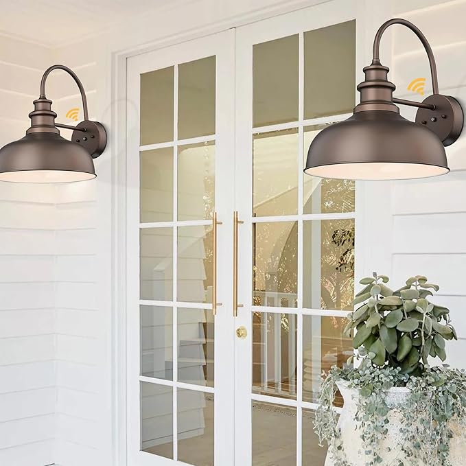 Bestshared Dusk to Dawn Gooseneck Barn Lights 16 Inch Dome Anti-Rust Farmhouse Outdoor Wall Sconce Outside Wall Mount Lighting Fixture Front Door Lantern Lamp for Patio(ORB+White,16” Dome-2Pack)