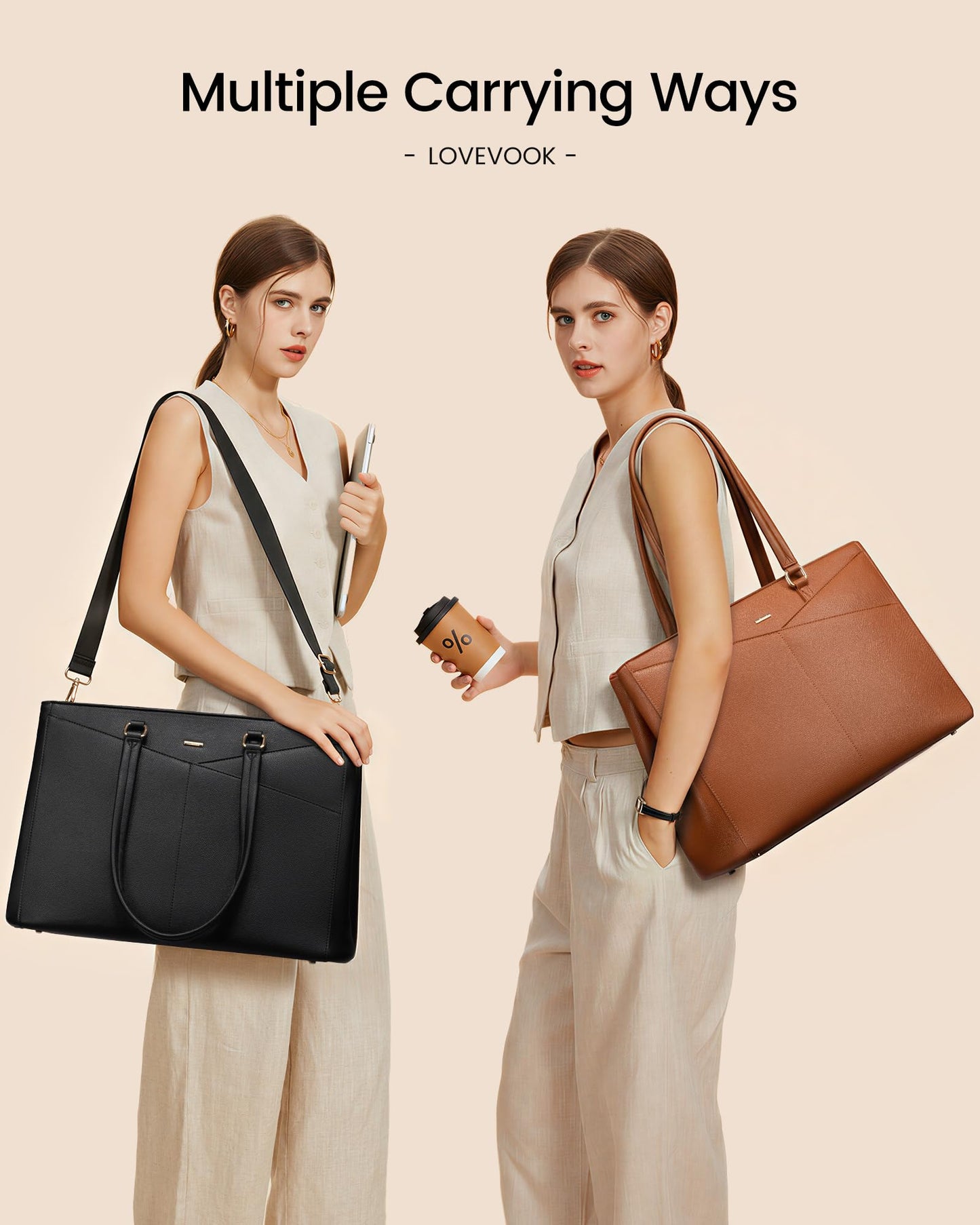 LOVEVOOK Laptop Tote Bag for Women 15.6 Inch Leather Work Bags with Large Cup Holder for Teacher Work Business,Black