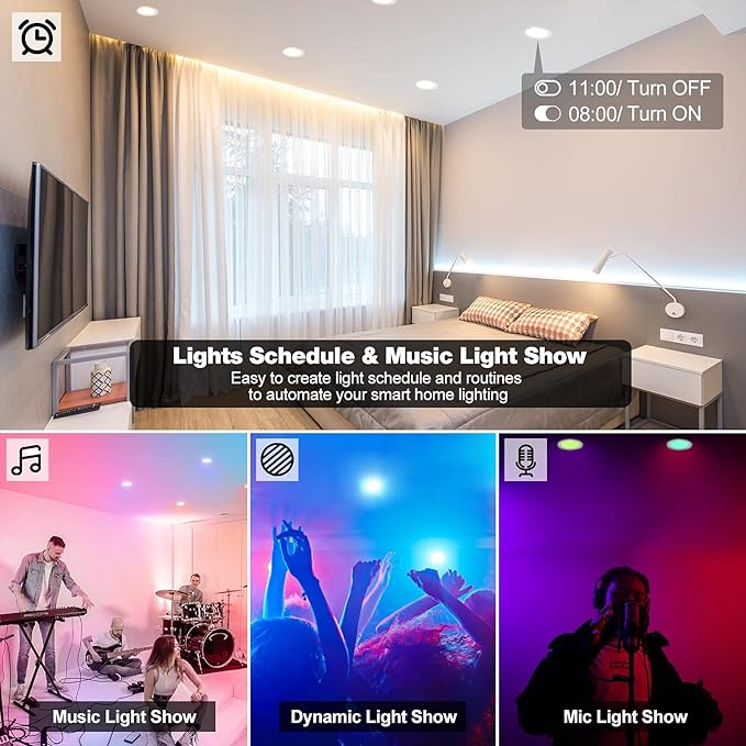 Smart Recessed Light 6 Inch, APP Control, Dimmable, RGBCW, Cool to Warm White, 2700K~6500K, CRI80+, Color Changing Retrofit LED Can Light, Bluetooth Mesh Smart Home Lighting, 6Pack