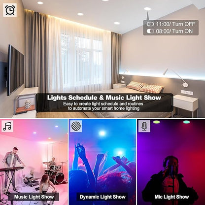 Smart Can Light 6 Inch, Multicolorred, Dimmeble, 2700K-6500K CCT Selectable, RGB Remote LED Recessed Lighting 4 Pack, WiFi & Bluetooth LED Downlight, Compatible with Alexa Google Home