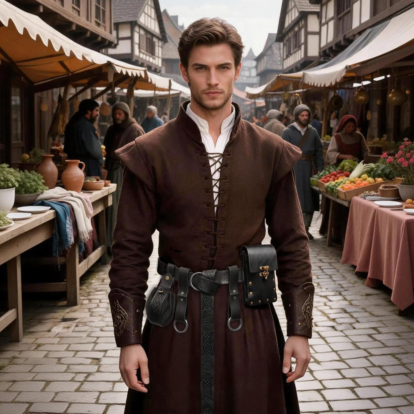 Renaissance Medieval Belt Pouch Set - Medieval Accessories with Pirate Belt Waist Bag Purse for Halloween & Cosplay (Black-A)