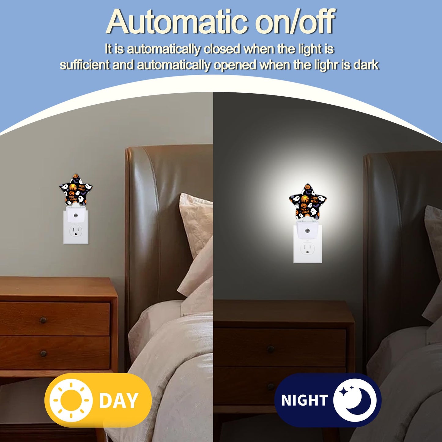 Halloween Pumpkin Night Light,Ghost Bats Plug-in Star Night Lights with Dusk-to-Dawn Sensor for Bedroom,Bathroom,Living Room Sleep Friendly Lamp for Women Girls Boys Gift,0.5W