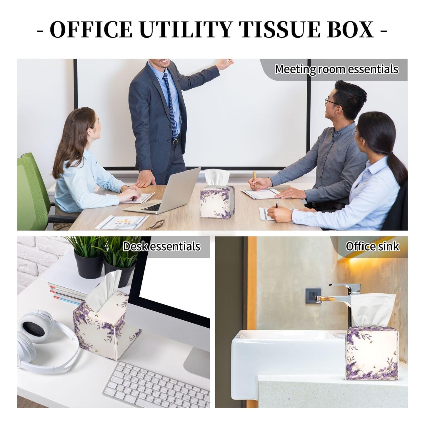 YPPAHHHH Square Tissue Box Cover Vintage Purple Lavender Cube Tissue Box Cover Pu Leather Tissue Box Holder for Office Kitchen Car Bathroom Facial Paper Organizer Dispenser Cover