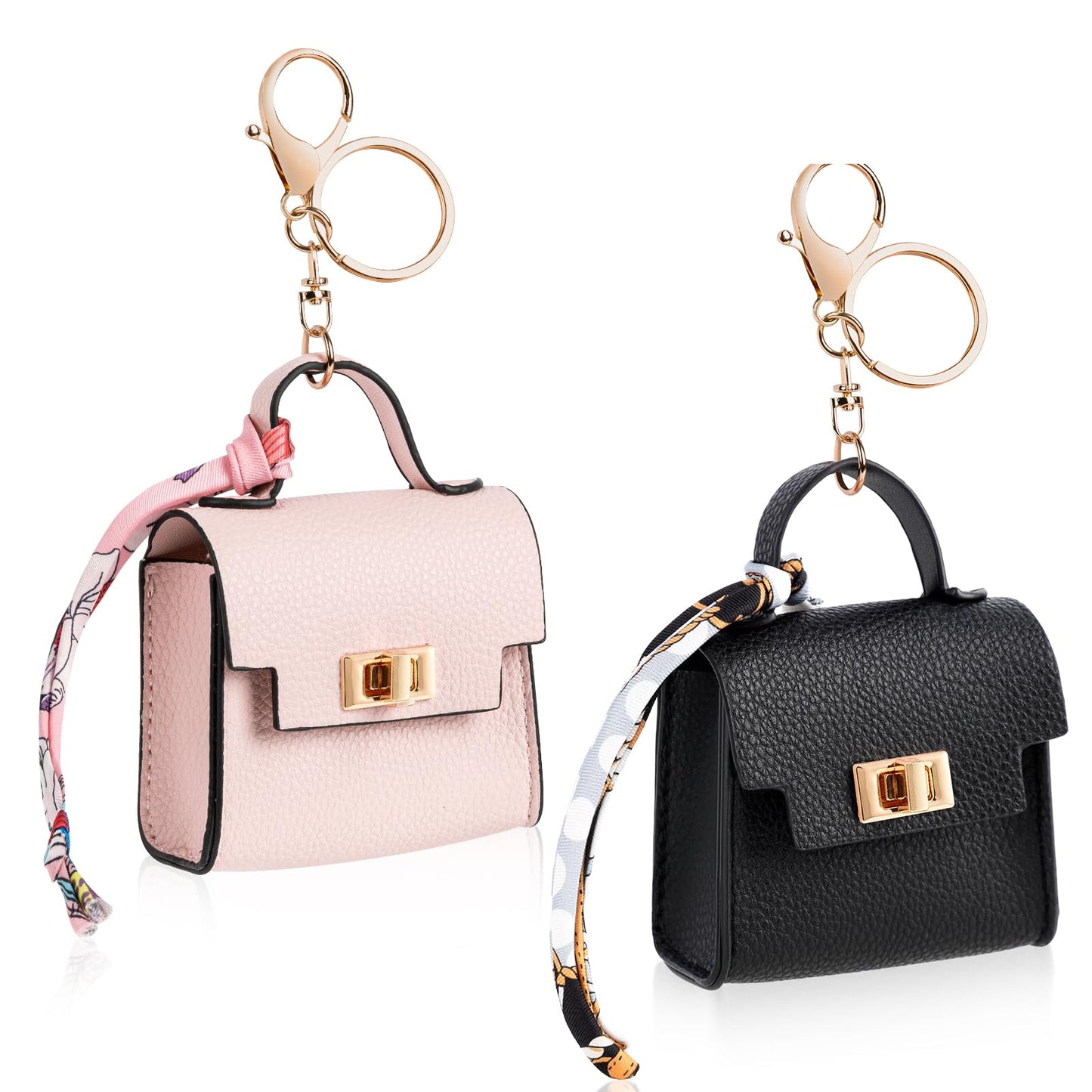 Playexen 2 PACK Mini Backpack Keychain, Cute Cosmetic Bag for Purse with Wrist Strap, PU Leather Makeup Bag Headphone Pouch for Girls Women, Birthday/Party/Christmas Gifts (Ladder-Black+Pink)
