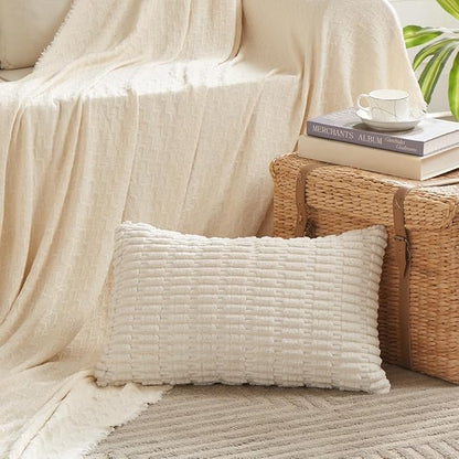 Fancy Homi Cream Lumbar Decorative Throw Pillow Covers 12x24 Inch for Living Room Couch Bed Sofa, Rustic Farmhouse Boho Home Decor, Soft Striped Corduroy Rectangle Cushion Case 30x60 cm