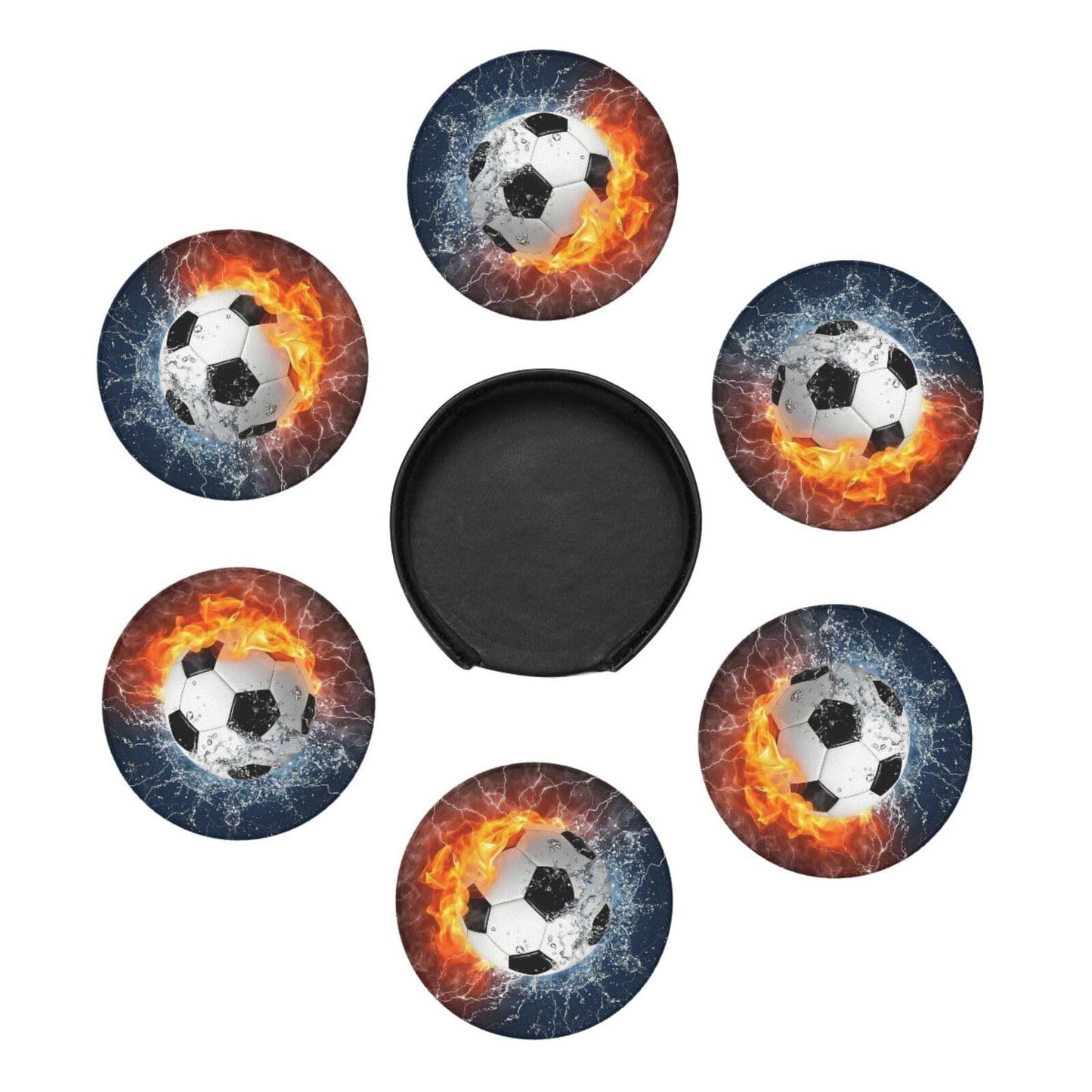 BOXIMIAO Drink Coasters with Holder Stand Set of 6, Soccer Fire Water Pu Leather Absorbent Coasters with Cork Base Table Coaster Round Coasters for Housewarming Apartment Kitchen Bar Decor