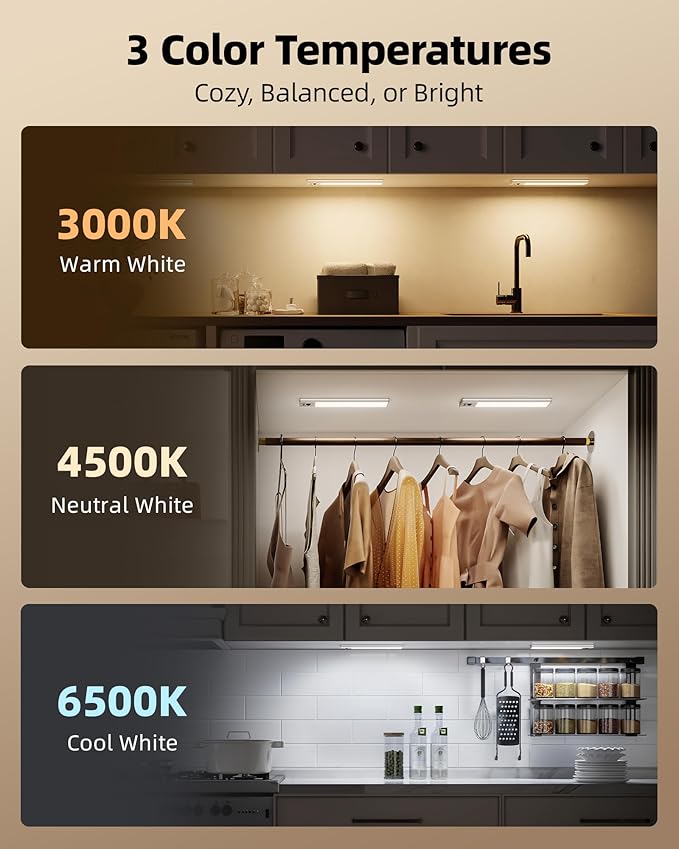 EZVALO 3 Pack Under Cabinet Lighting, 3200mAh Rechargeable Motion Sensor Light, 12inch Magnetic Closet Lights with Dimmable & 3 Color Temps, Wireless Motion Activated Lights with Remote for Kitchen