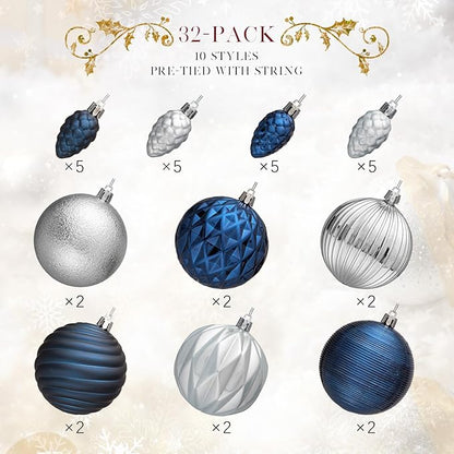JORNOY Blue and Silver Christmas Tree Ornaments - 3.12inch/80mm Shatterproof Ornaments for Christmas Tree Set Plastic Decorative Hanging Balls Ornaments for Xmas Tree Decorations, 32ct (Blue & Silver)