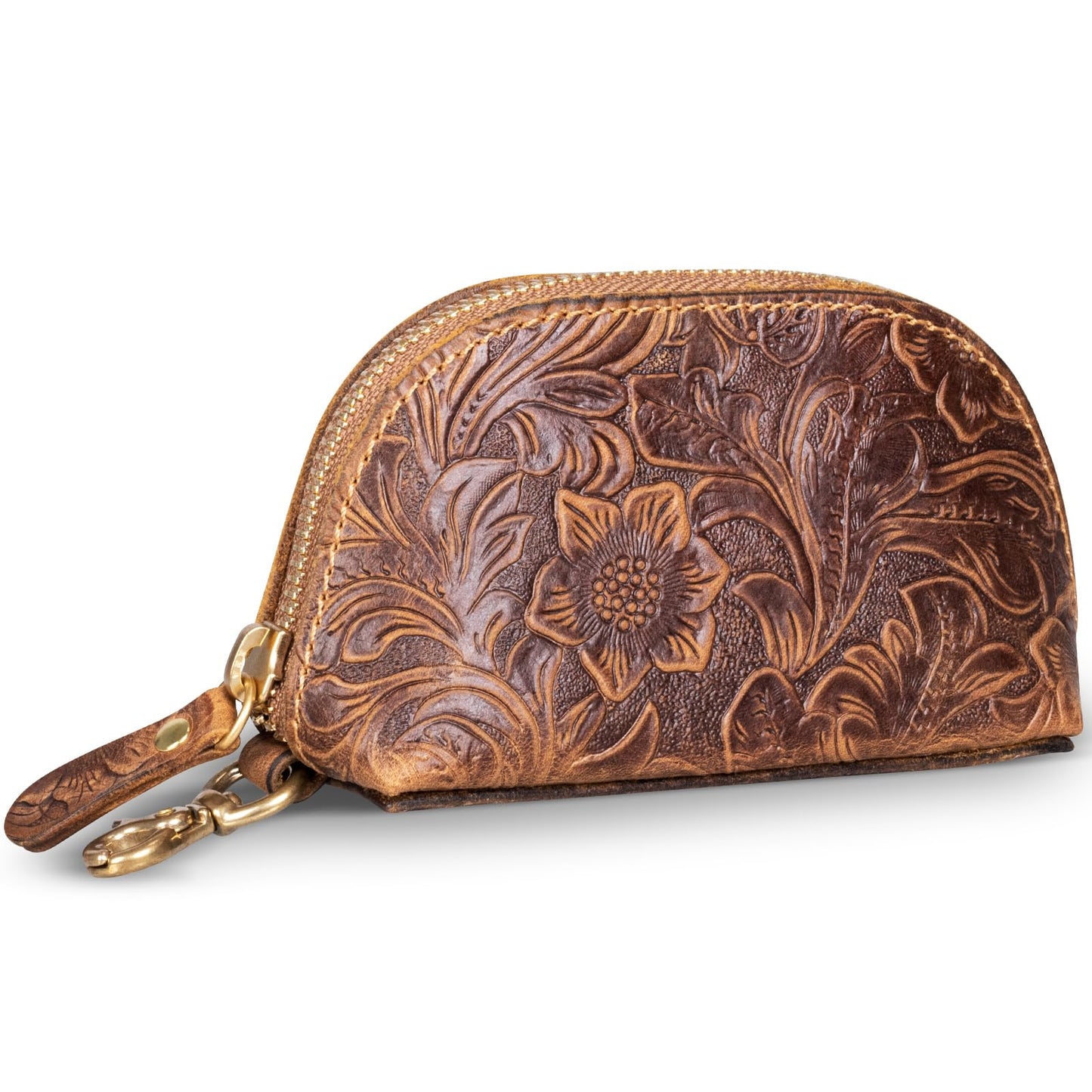 Gexmil Genuine Leather Coin Purse with Zipper, Full Grain Leather, Mini Coin Pouch for Women Men, Change Wallet,Floral Brown