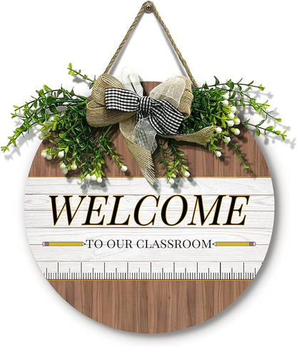 Welcome Sign for Classroom Door Welcome to Our Classroom front Door Sign with Wreath Teacher Round Hanging Wooden Plaque with Bow Decoration Welcome Back to School Wall Signs Porch 12×12 Inch