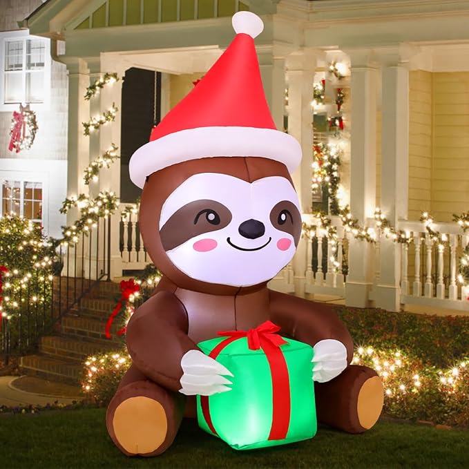 COMIN 5.9 FT Christmas Inflatables Outdoor Decorations Inflatable Sloth Holding Present Box Blow ups with Built-in LEDs for Yard Party Lawn Decor
