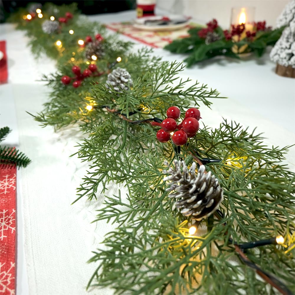Christmas Garland Lights 6.56FT 40 LED Battery Operated Lighted Garlands with Timer Red Berry Pinecone Cypress Pine Garlands Wreath Christmas Decor for Mantel Stairs Porch Indoor Outdoor Home Decor
