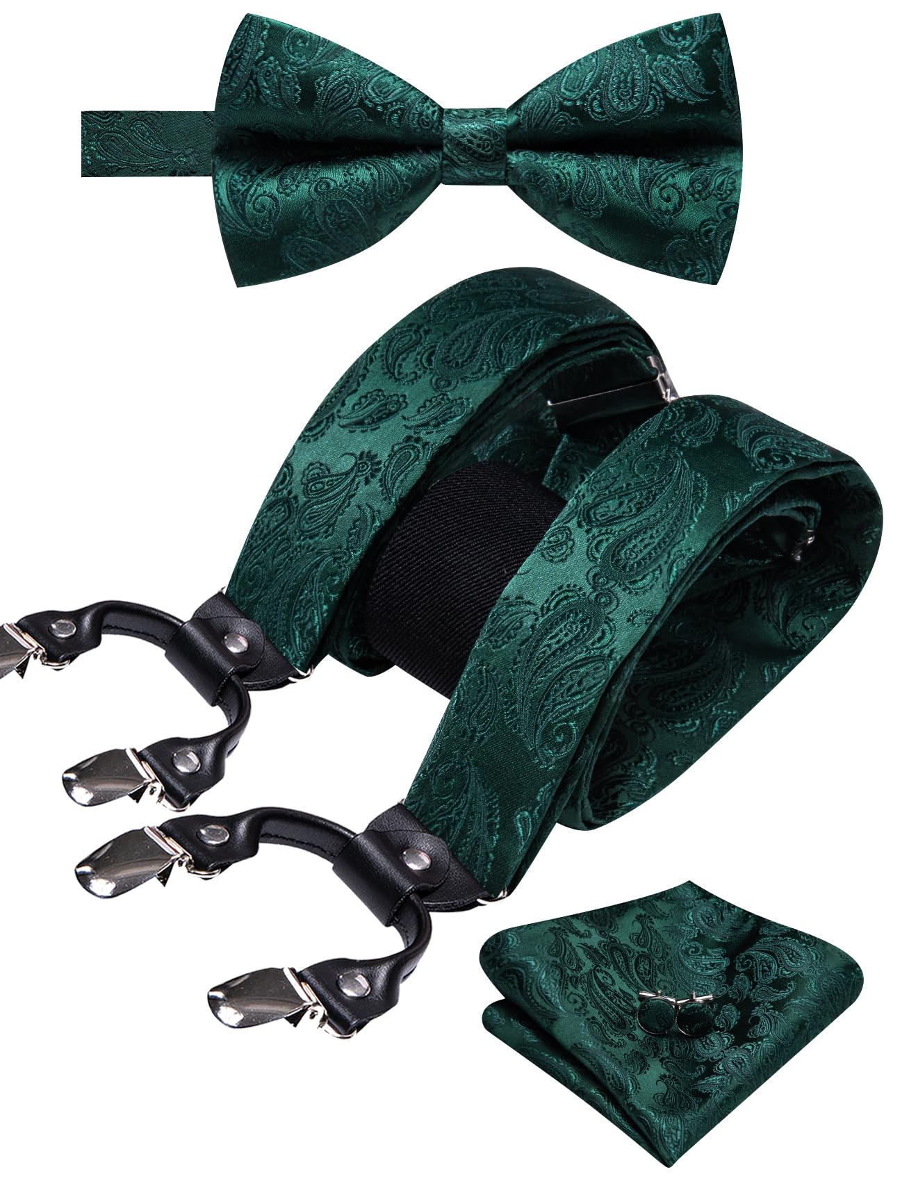 YOHOWA Mens Green Suspenders Bowtie Set Paisley Suspender 6 Strong Clips Adjustable Y-Back Woven Brace Formal Wedding Party Tuxedo