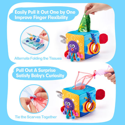 hahaland Baby Tissue Box Toy - Baby Toys 6-12 Months Montessori Toys for 6 Month Old with Textured Tails, Cloth Tissues, Crinkle, Squeaky Sounds, Mirror - Gifts Play Silks Sensoy Scarves for Babies