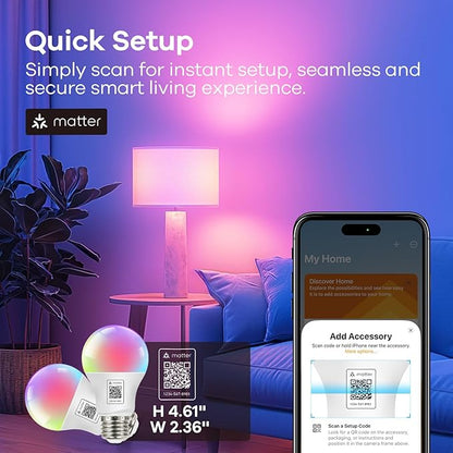 OREiN Matter Smart Light Bulb, 1100 Lumens 75W Equivalent Smart Light Bulbs, Color Changing Light Bulbs Work with Apple Home, Alexa, Google Home, SmartThings, A19 Smart Bulbs 2.4Ghz WiFi, 4Pack