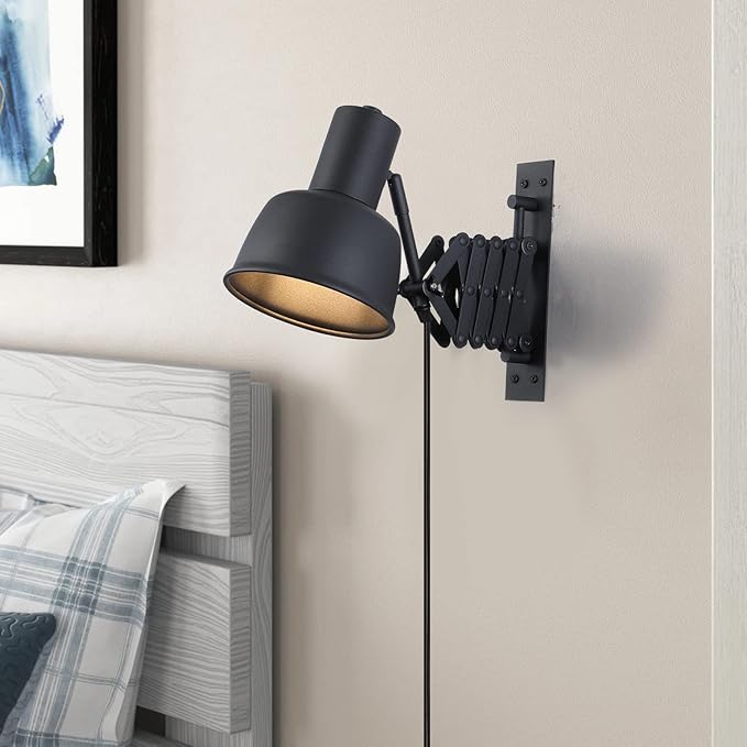 COSYLUX Industrial Plug in Wall Sconces for Bedroom Bedside, Vintage Extended Swing Arm Wall Lamp with Plug in Cord, Modern Wall Mounted Reading Lighting Fixture for Living Room, Black