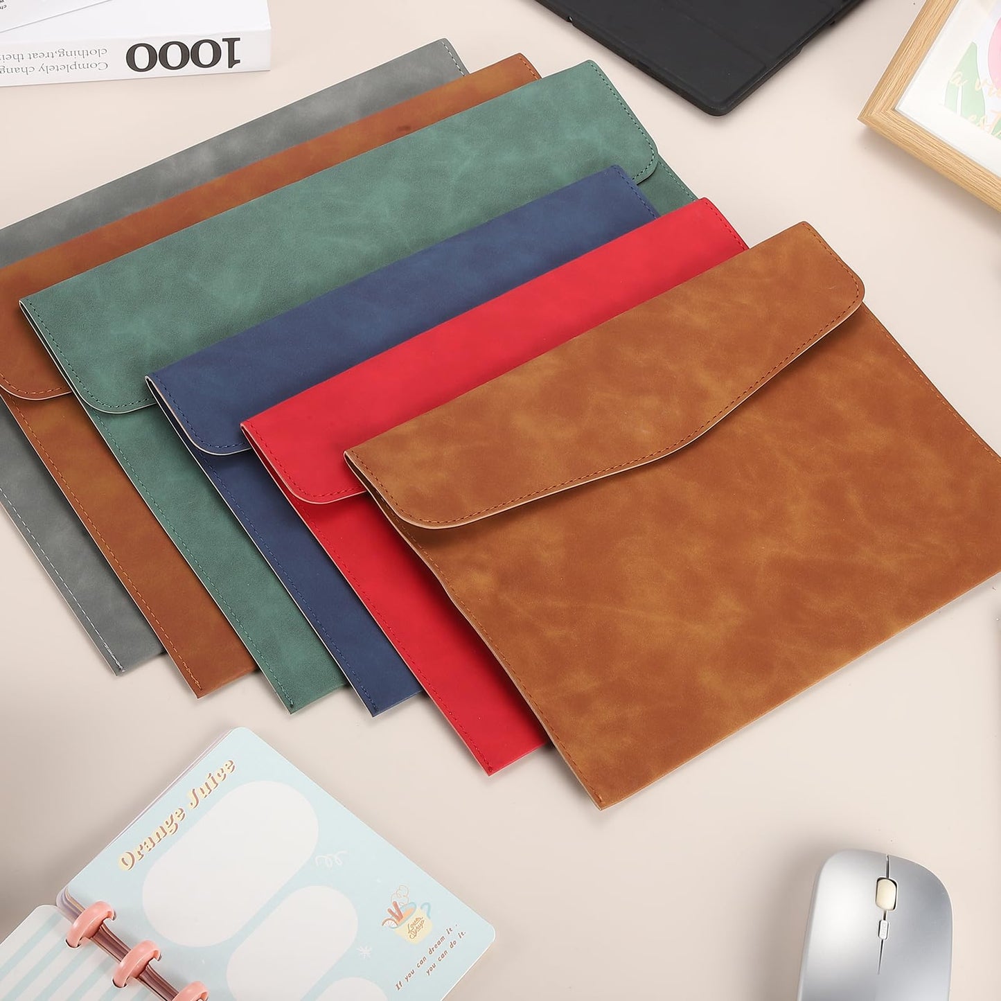 PATIKIL 2Pcs PU Leather File Folders, 13x9 A4 Document Holder Waterproof Envelope Folder with Snap Closure, Portable Portfolio Organizer Case for Paper Receipt, Gray/Green