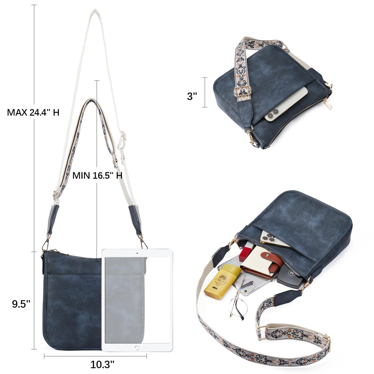 BOSTANTEN Crossbody Bags for Women Trendy Vegan Leather Hobo Purses Shoulder Handbags With Wide Shoulder Strap Navy Blue