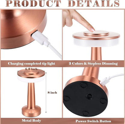 Riakrum Set of 2 LED Portable Cordless Table Lamp with Touch Sensor 3 Color Stepless Dimming Rechargeable Battery up to 15 Hours Cordless Table Light Wireless Lamp for Nursery(Rose Gold,2 Pcs)