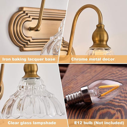 Vintage 2-Light Bathroom Vanity Light Wall Sconce Gold Wall Light Made of Metal Body and Pressed Patterned Glass Retro Vanity Light for Bedroom, Bathroom, Farmhouse, Hallway