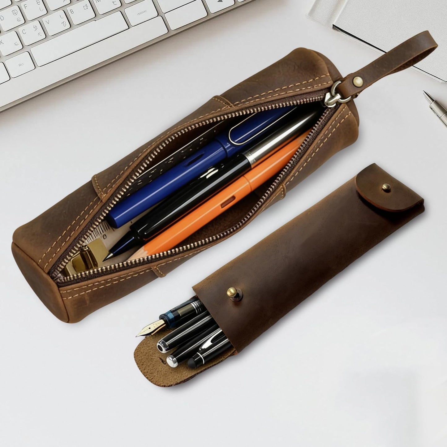 ququfortuna leather pencil case set -2pcs full grain leather zippered pen pouch bag, handmade stationery storage, elegant gift with high-end pencil pouch (brown set) (SET)