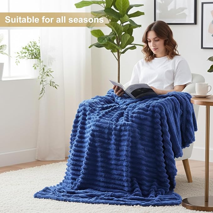 decorUhome Soft Fleece Navy Blue Blanket Queen Size for Bed, Cozy Fluffy Plush Flannel Large Striped Throws for Couch Sofa, Lightweight Decorative Fuzzy Blanket for Woman, 90x90 Inches