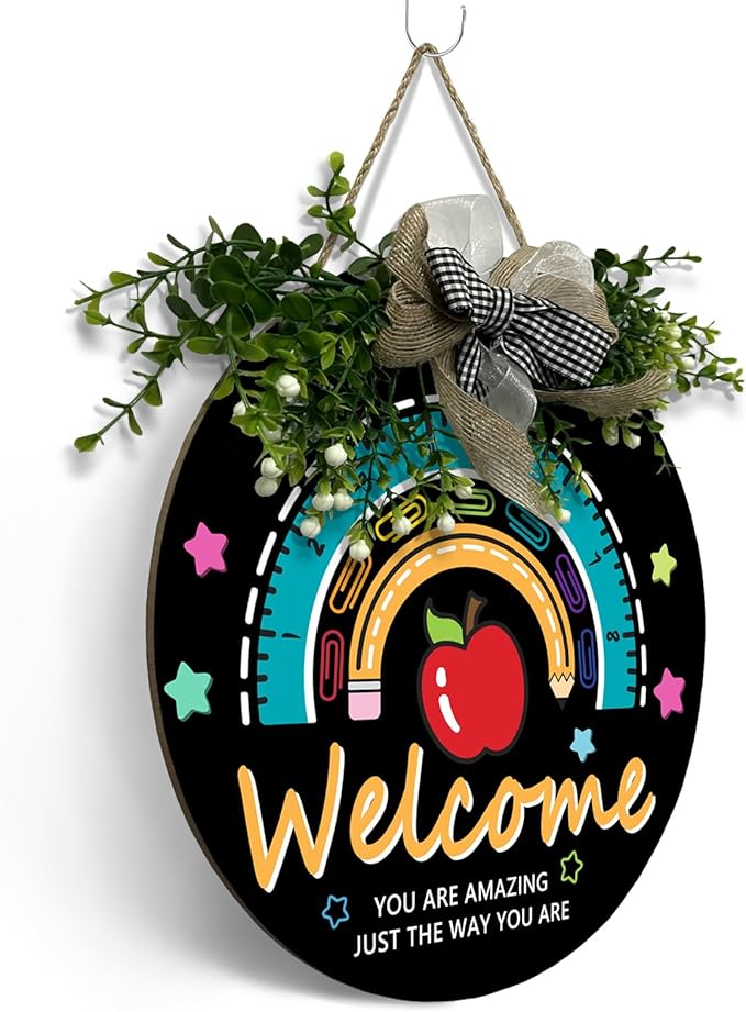 Classroom Teacher Door Sign Wooden Welcome Classroom Door Sign Teacher Wreath for Classroom Door Rainbow Hanging Plaque Inspirational You are Amazing Quote Kids Classroom Decor 12 inch