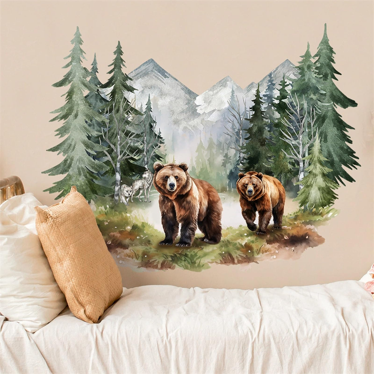 Brown Bear Dream Forest Wall Stickers, sacinora Wild Jungle Animal Wall Decals Removable Vinyl Peel and Stick for Living Room Bedroom Nursery Sofa TV Background Art Decorations