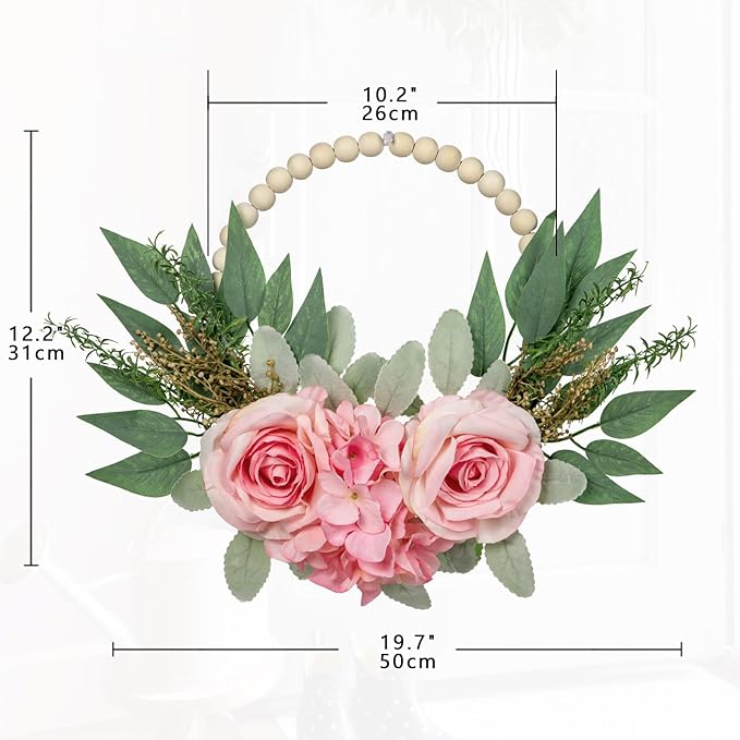 Spring Wreaths for Front Door 10" Artificial Floral Wood Bead Wreaths Eucalyptus Leaves Rose Hydrangea Wreaths for Front Door Boho Farmhouse Wall Decor 2 Pack - Pink