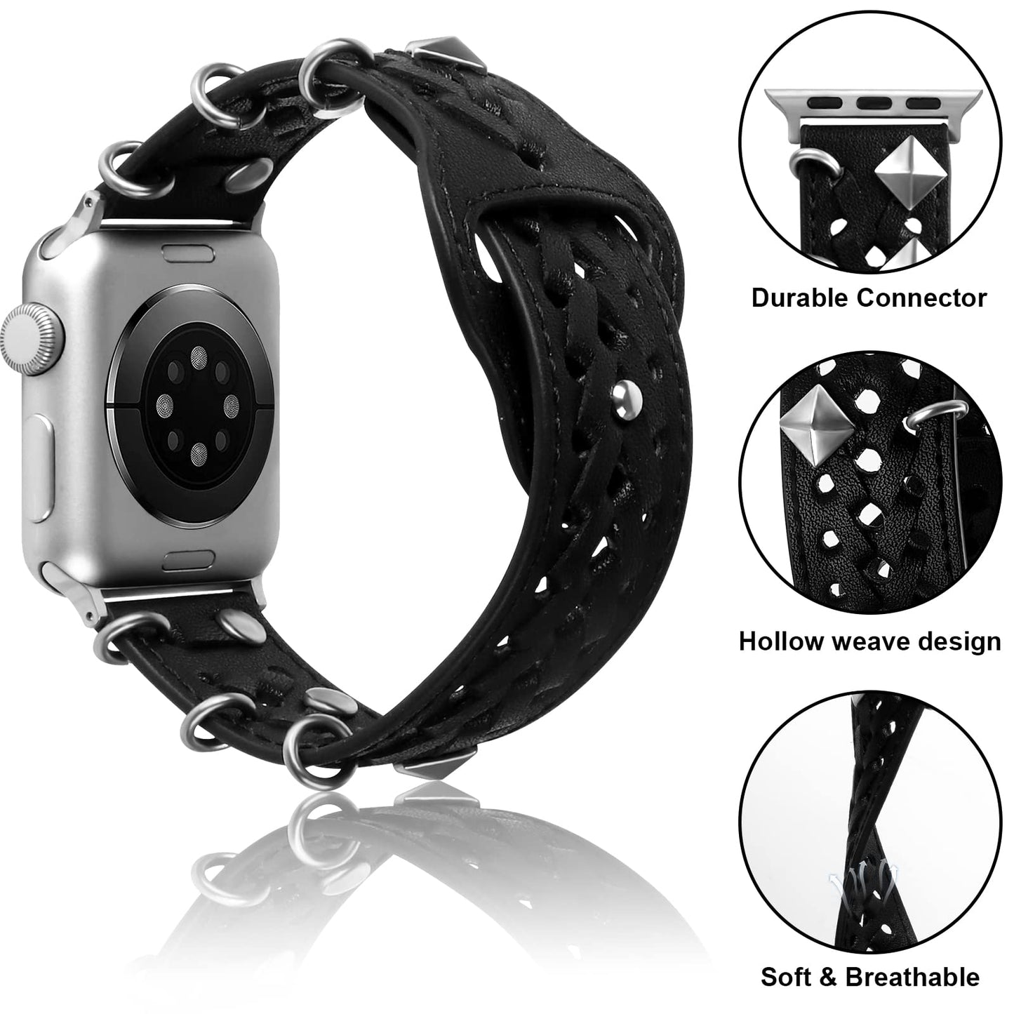 VIQIV Leather Band Compatible with Apple Watch Ultra Band 38mm 41mm 40mm for Women Men, Hollow-out Woven Rivets Bracelet Designer Wristbands Smartwatch Strap for iWatch Series SE 8 7 6 5 4 3 2